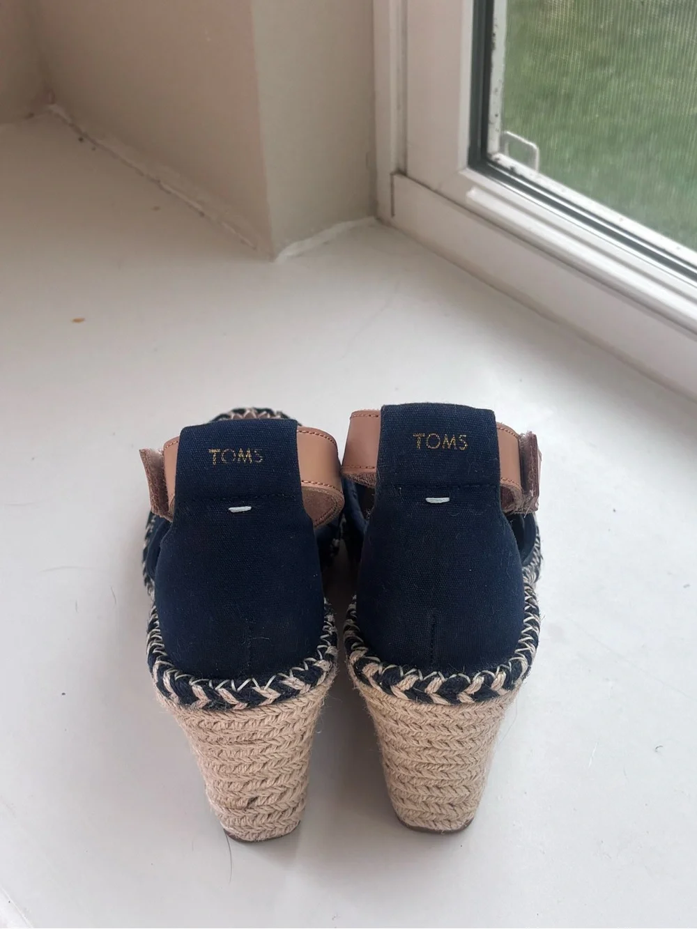 Toms Navy Canvas Espadrille Wedge Sandals with Tan Ankle Straps